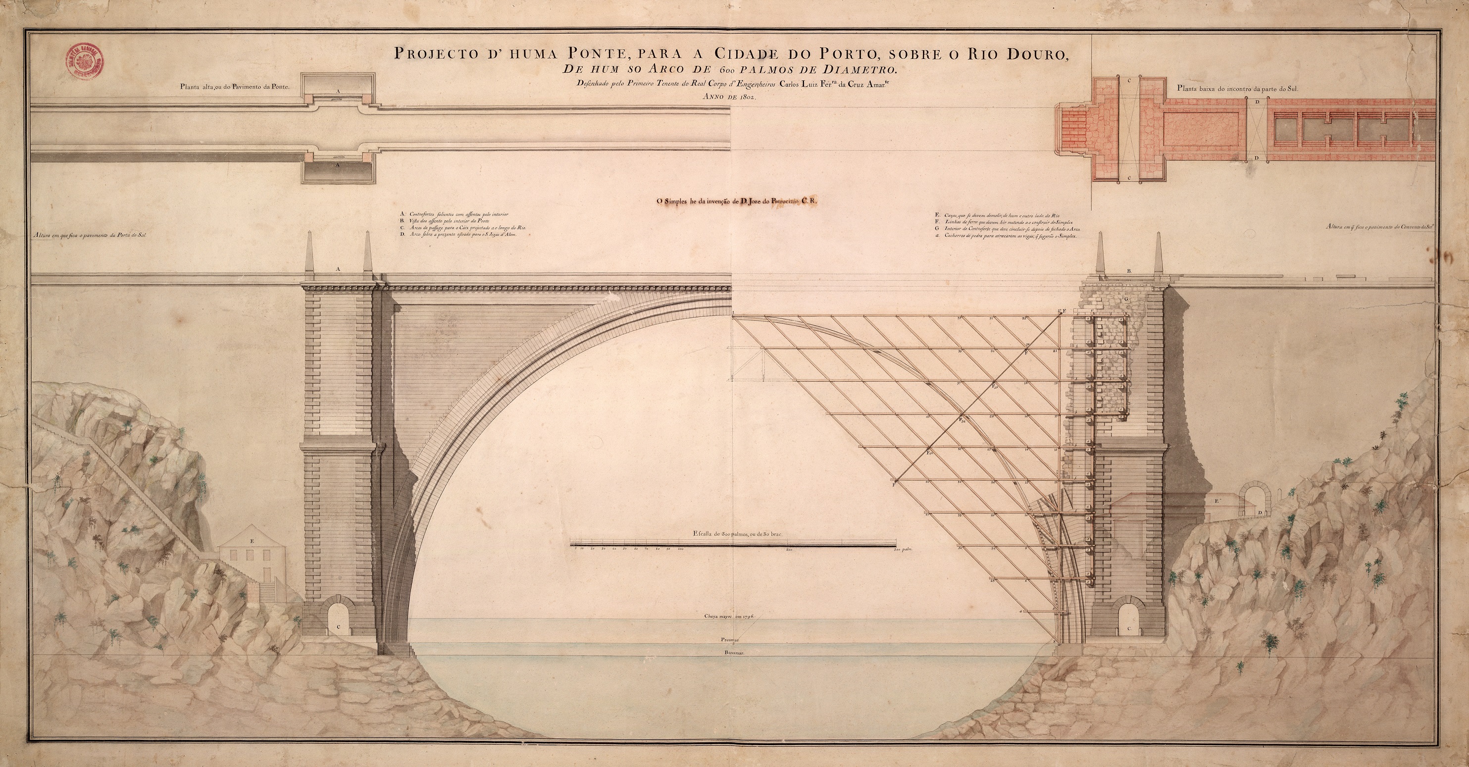  Na imagem anexa, referente à tese de Carlos Martins, a legenda e referência: “Carlos Luís Ferreira da Cruz Amarante, Projecto d’huma Ponte para a Cidade do Porto, sobre o Rio Douro, de Hum Só Arco de 600 palmos de diametro, 1802”. [Biblioteca Nacional de Portugal D.42.R]